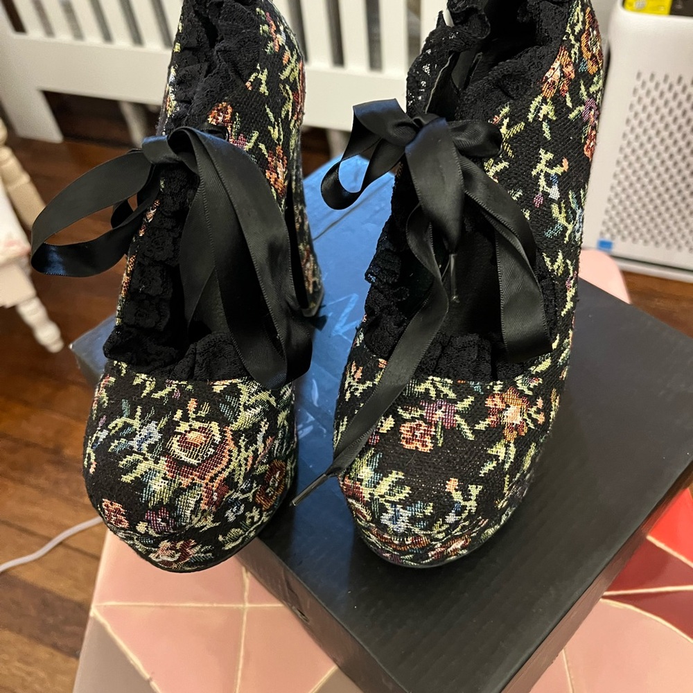 Dolls Kill Black Floral Lace-Up Heels